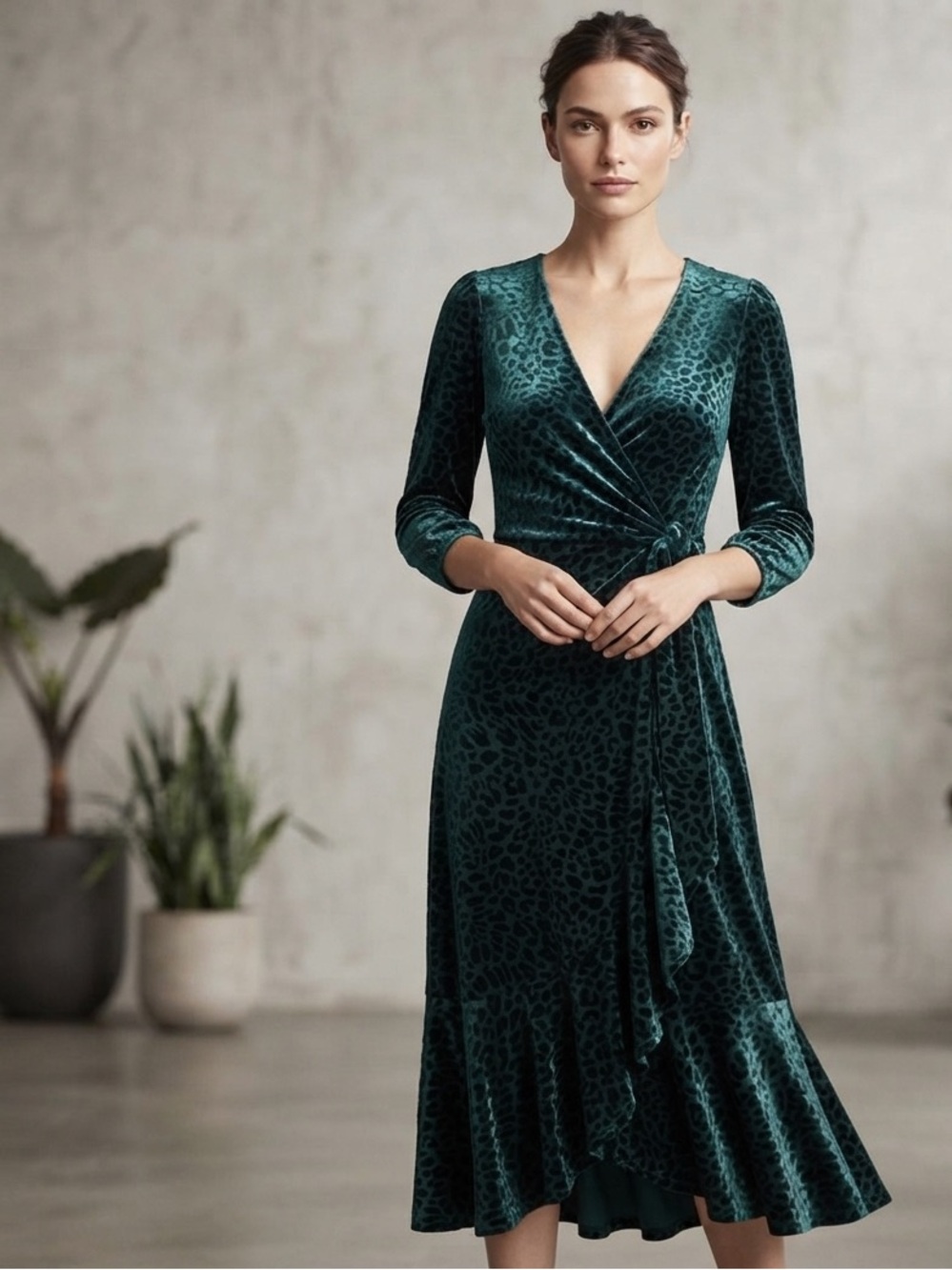 Calvin Klein Green Velvet Burnout Leopard Print Faux Wrap V Neck Midi Dress 6 - Picture 12 of 12